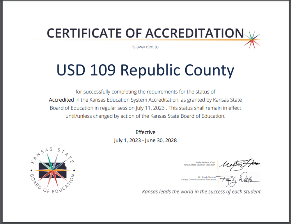 The State School Board granted USD 109 with full accreditation.